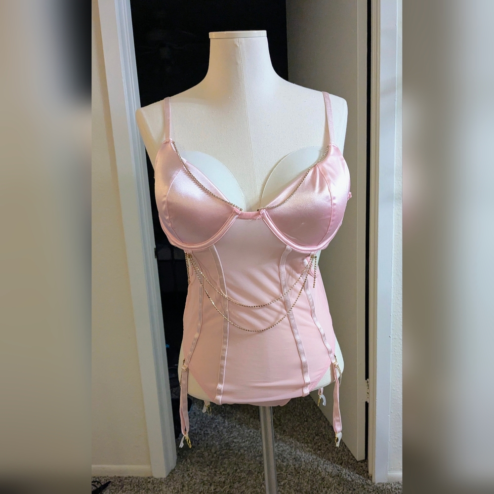 Pink satin & sheer gartered teddy bodysuit sexy lingerie Forplay XL